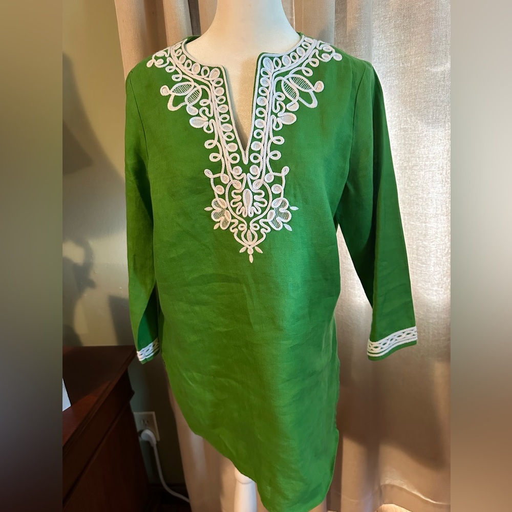 Jones New York Green Embroidered V Neck Tunic Linen Shirt - Size Small